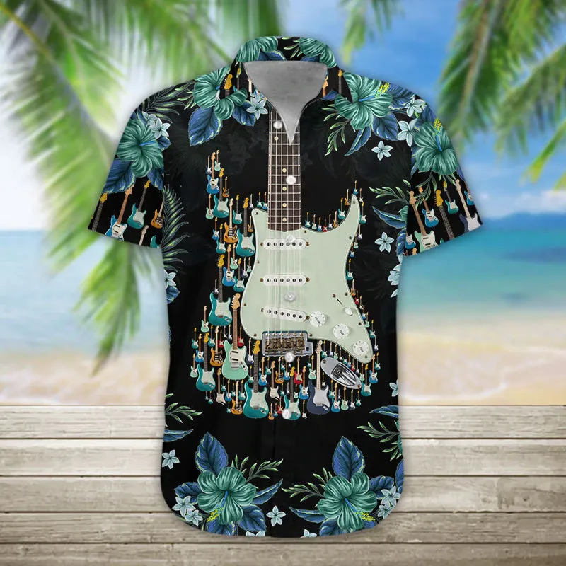 3D Acoustic Guitar Hawaii Shirt, Guitar Hawaiian Shirts Casual Short Sleeve Guitar Shirt Men