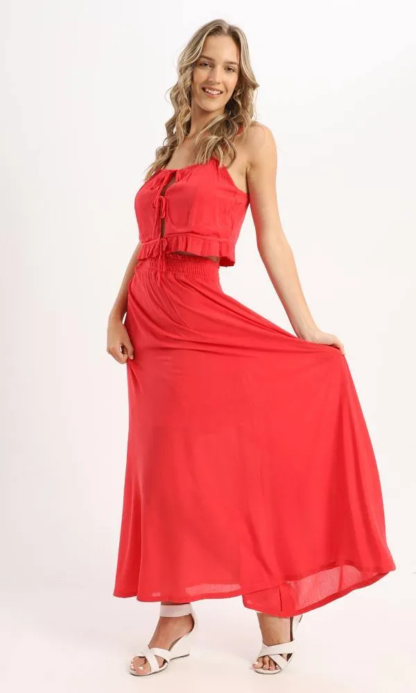 56620 Elastic Waist Slip On Fluffy Maxi Skirt - Red