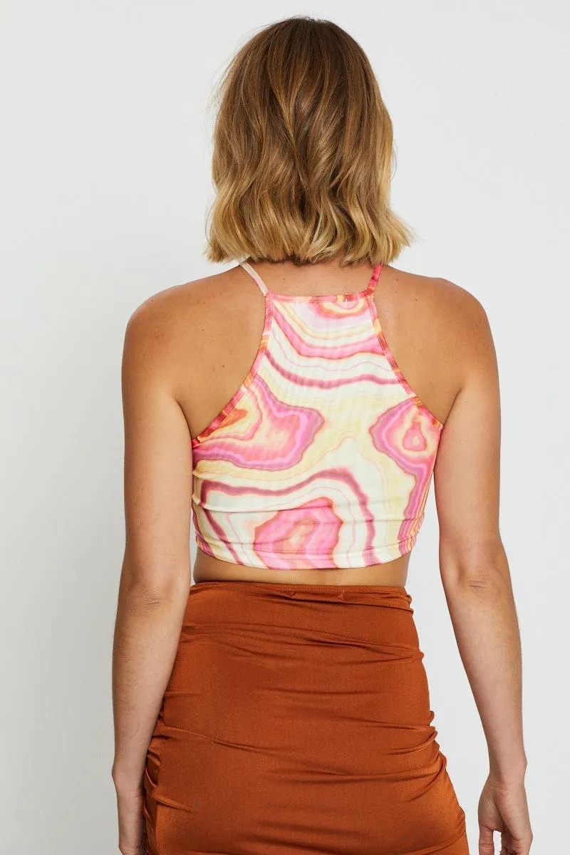 Abstract Print Crop Top Halter Neck