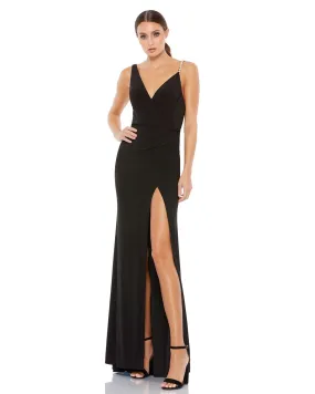 Asymmetrical Pearl Strap V-Neck Gown