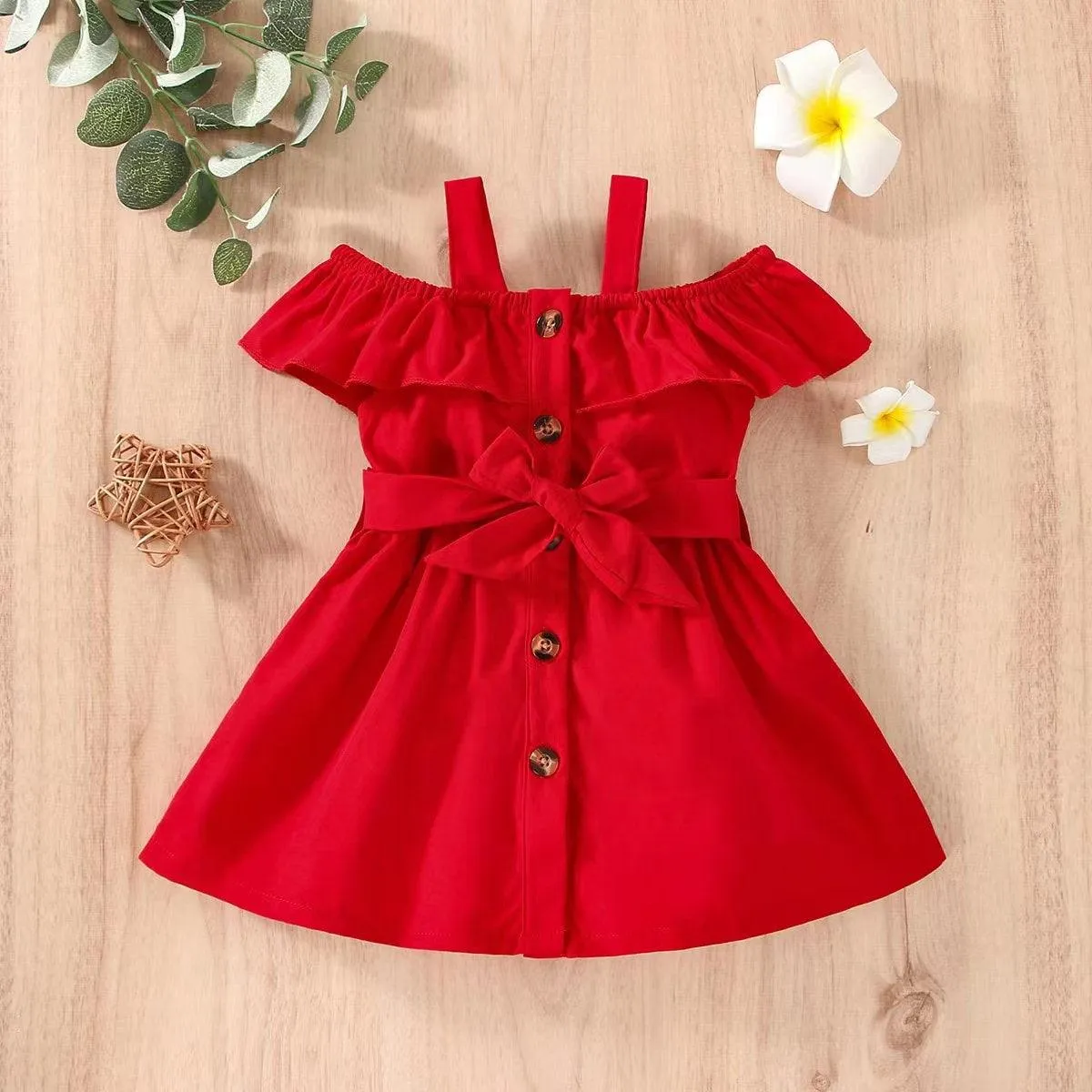 Baby Girl Spring and Summer Suspender Solid Color Off Shoulder Dress