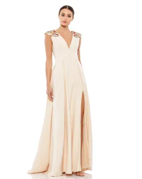 Beaded Cap Sleeve V Neck A Line Gown