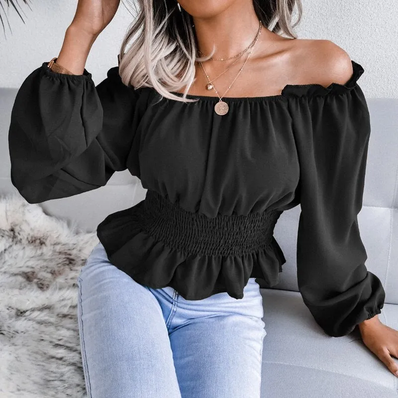 BerriesJam - 2024 Slash Neck Off Shoulder Ruffled Chiffon Blouse