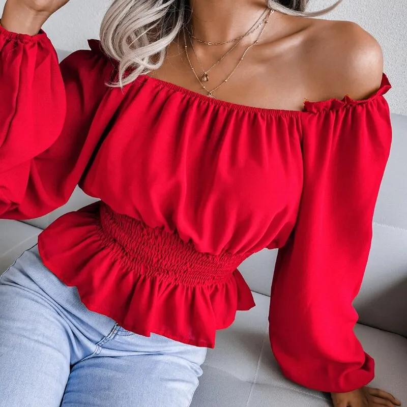 BerriesJam - 2024 Slash Neck Off Shoulder Ruffled Chiffon Blouse