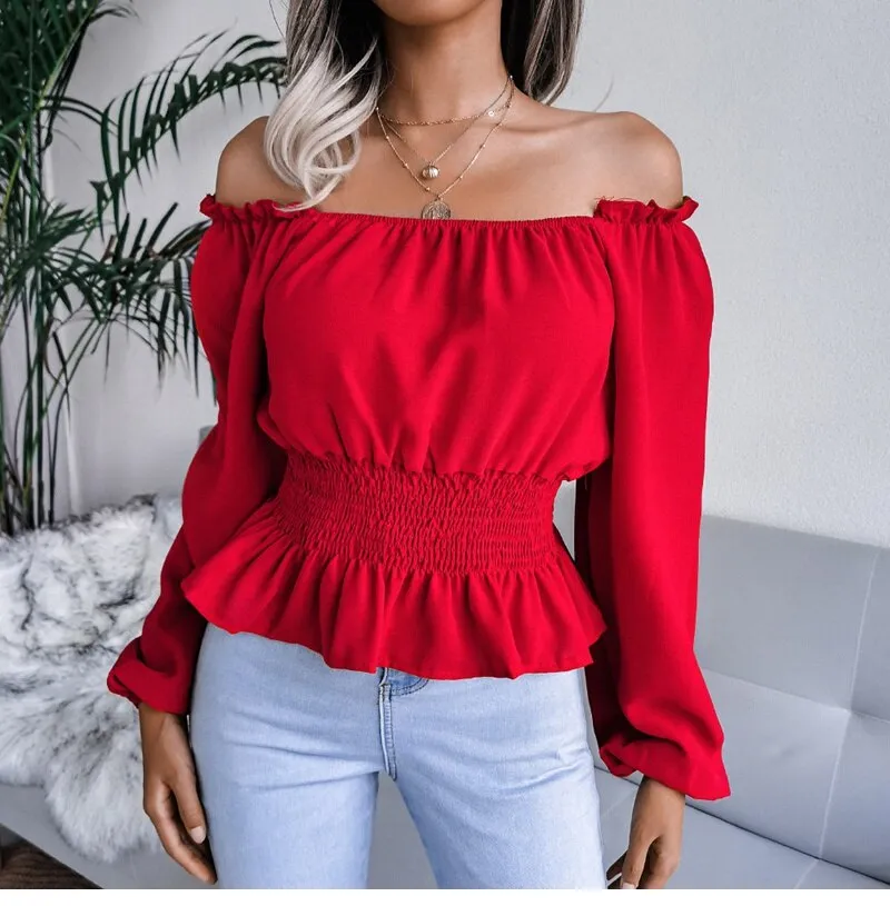 BerriesJam - 2024 Slash Neck Off Shoulder Ruffled Chiffon Blouse