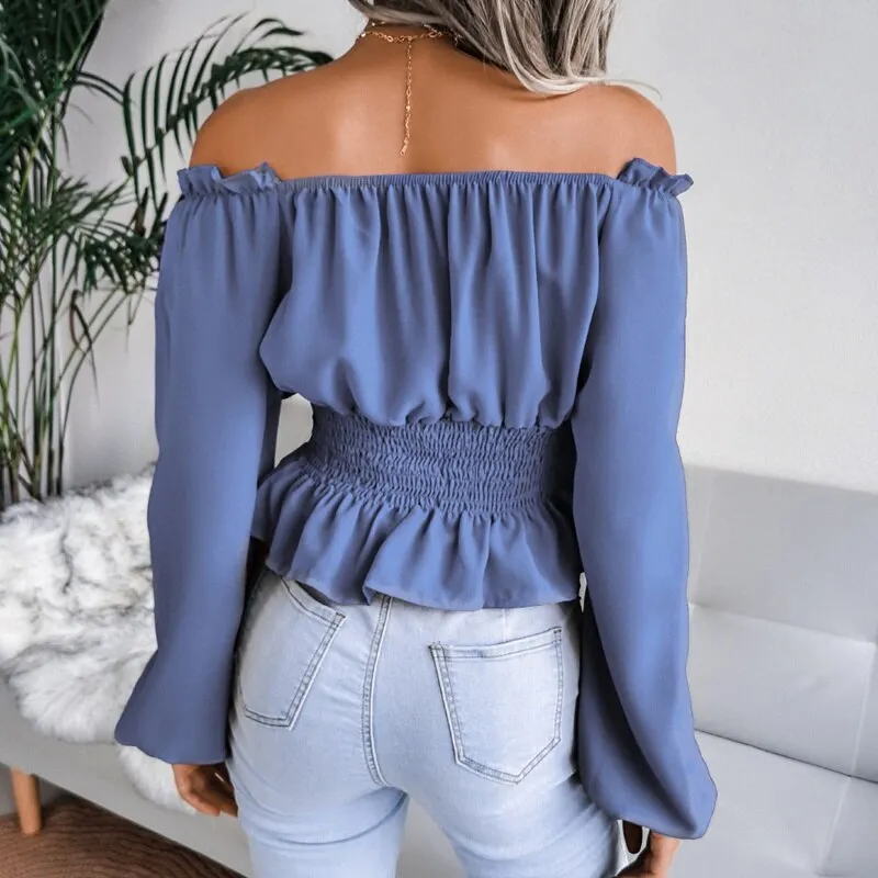 BerriesJam - 2024 Slash Neck Off Shoulder Ruffled Chiffon Blouse