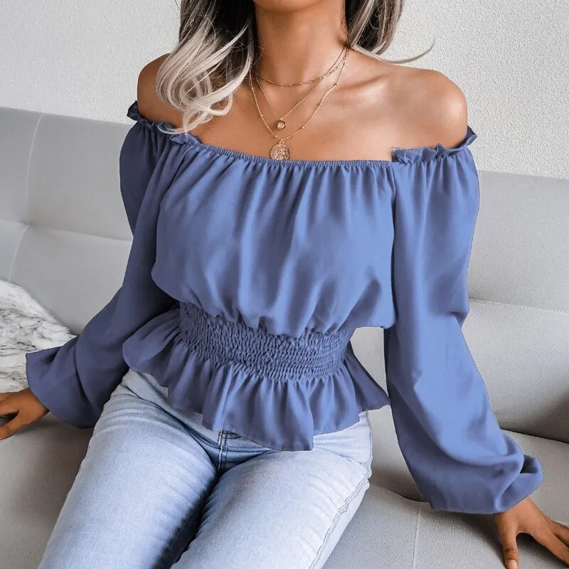 BerriesJam - 2024 Slash Neck Off Shoulder Ruffled Chiffon Blouse