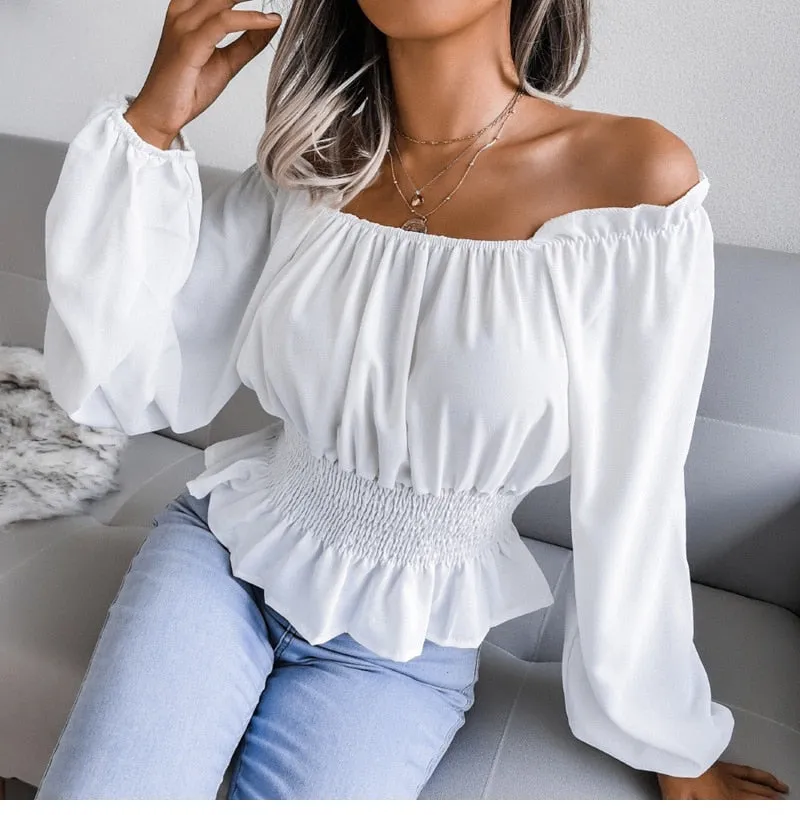 BerriesJam - 2024 Slash Neck Off Shoulder Ruffled Chiffon Blouse