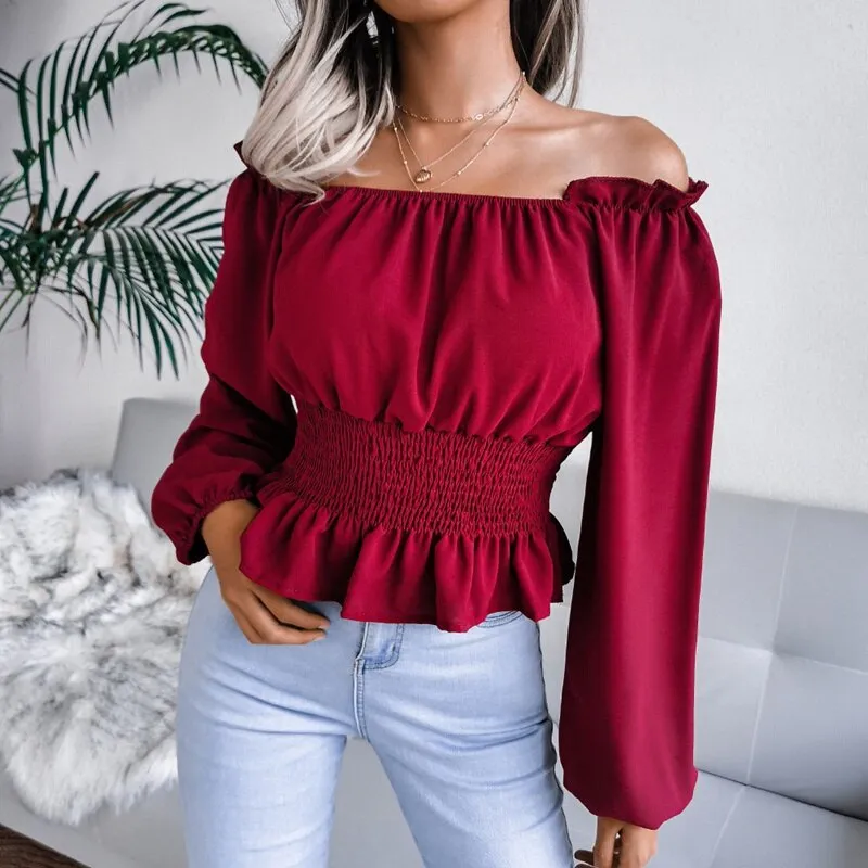 BerriesJam - 2024 Slash Neck Off Shoulder Ruffled Chiffon Blouse