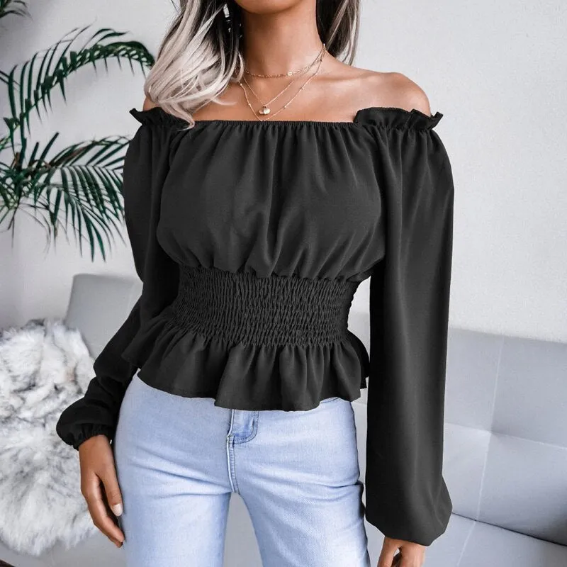 BerriesJam - 2024 Slash Neck Off Shoulder Ruffled Chiffon Blouse