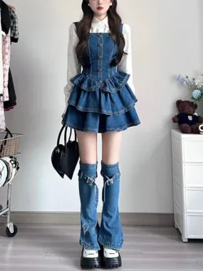 BerryBetty - 2024 Autumn Camisole Jean Dress Sleeveless Denim Slim Vintage Y2k Mini Dress Women 3 Piece Dress Set Korean Fashion Clothing