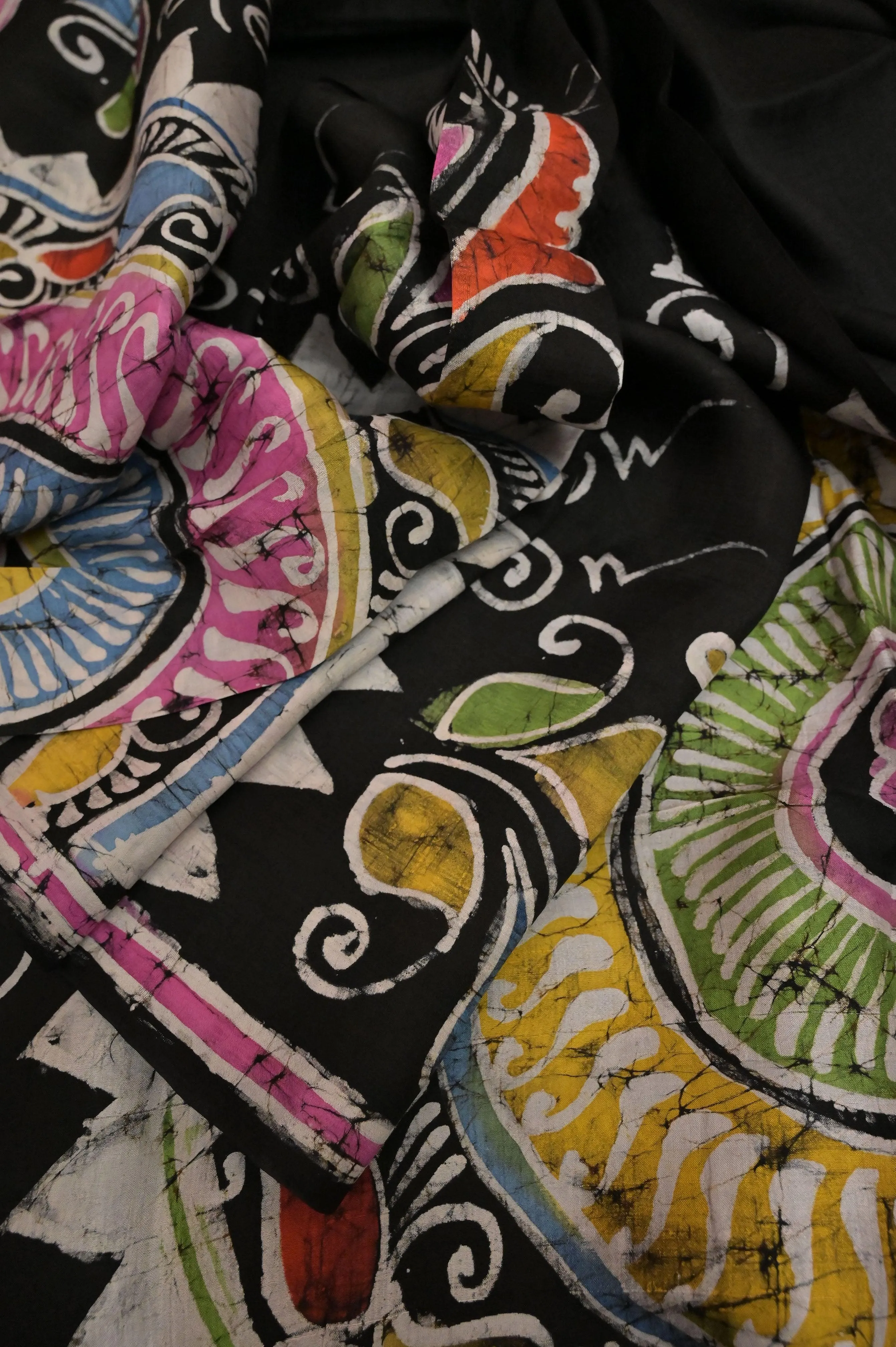 Black and Multicolor Pure Bishnupur Silk with Hand Batik Work