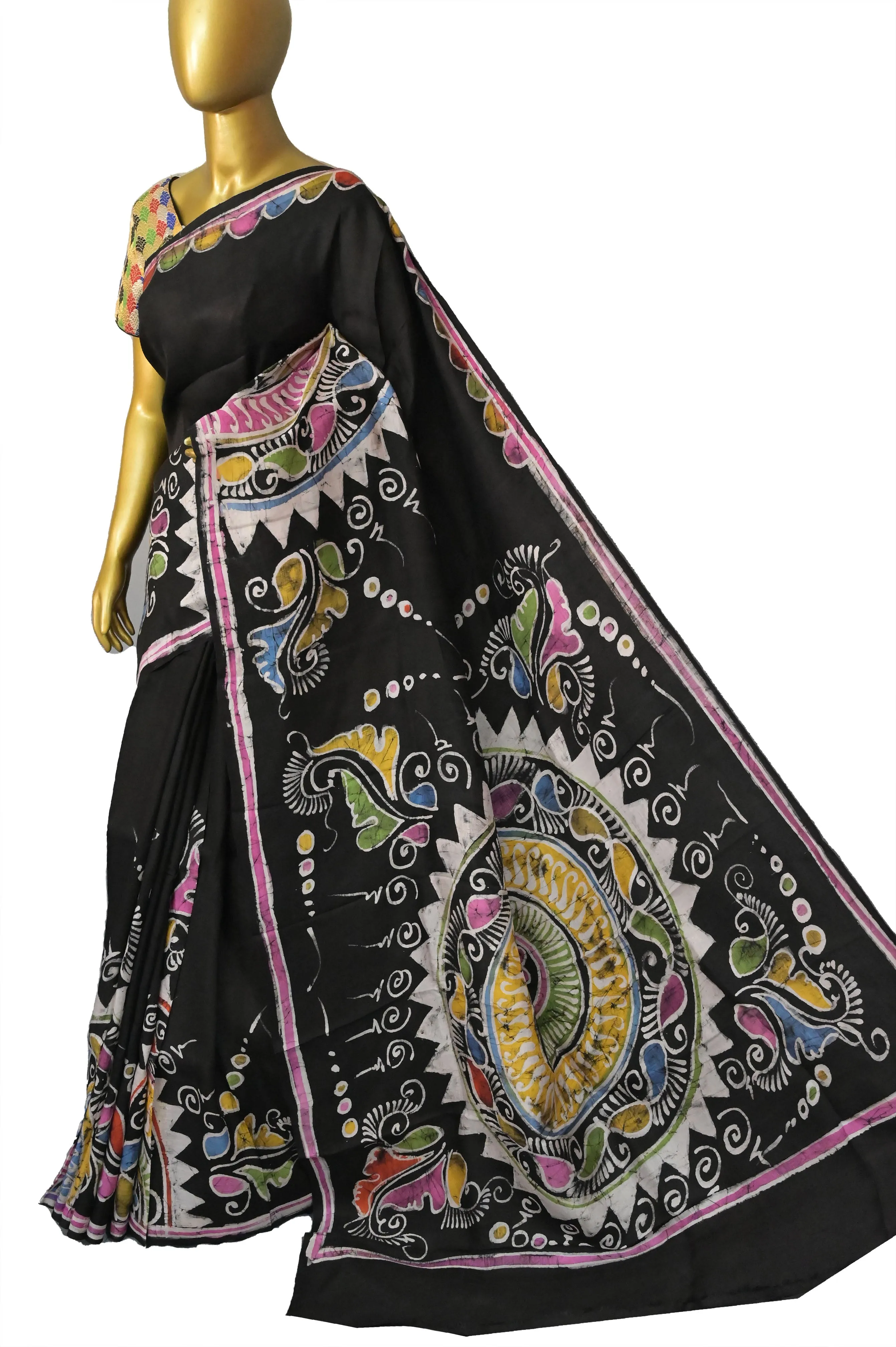 Black and Multicolor Pure Bishnupur Silk with Hand Batik Work