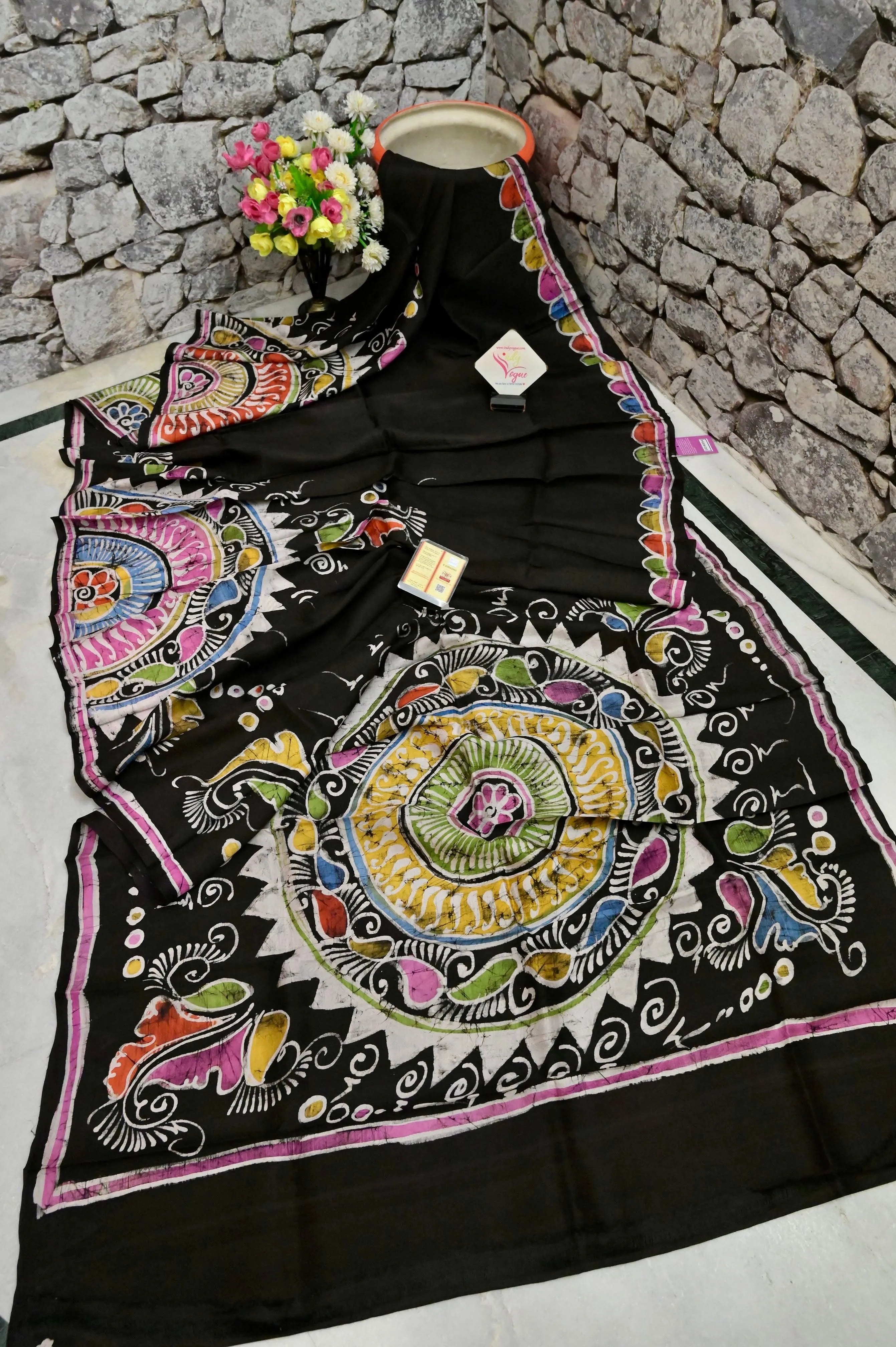 Black and Multicolor Pure Bishnupur Silk with Hand Batik Work