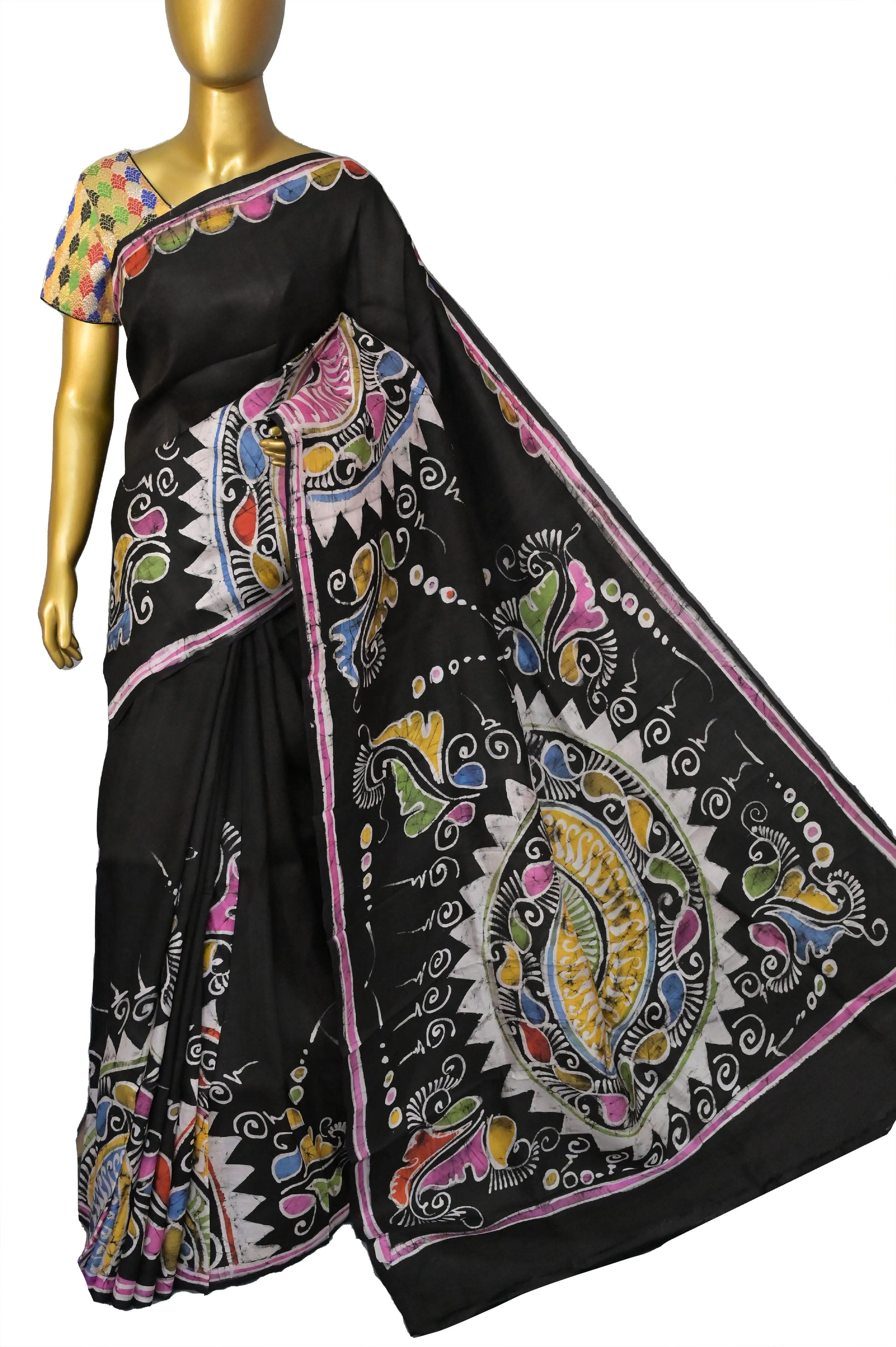 Black and Multicolor Pure Bishnupur Silk with Hand Batik Work