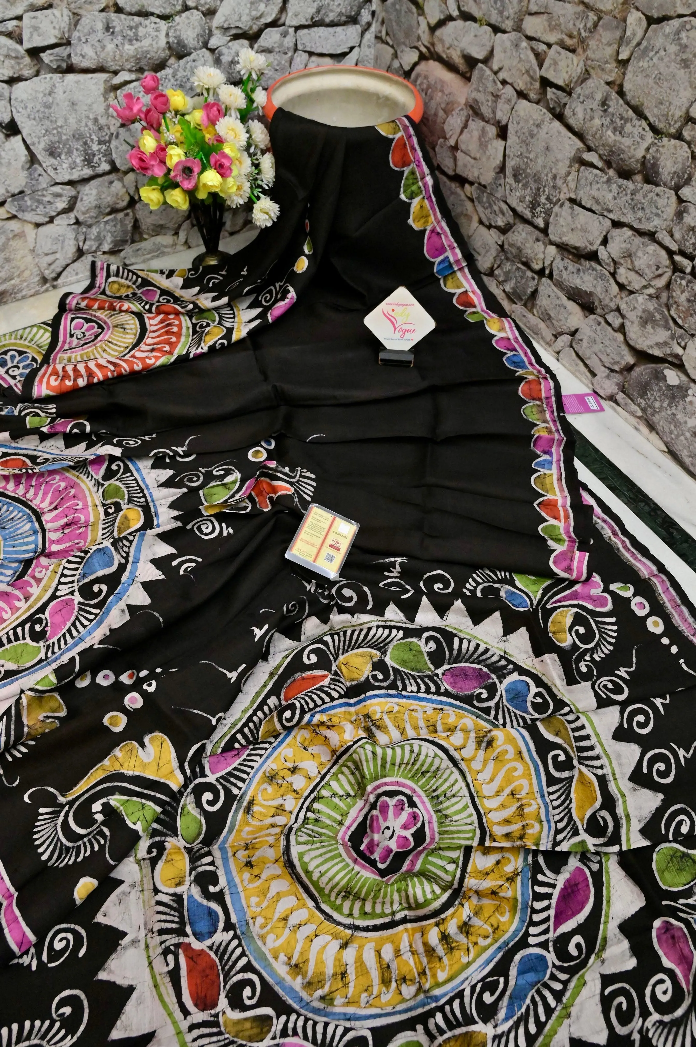 Black and Multicolor Pure Bishnupur Silk with Hand Batik Work