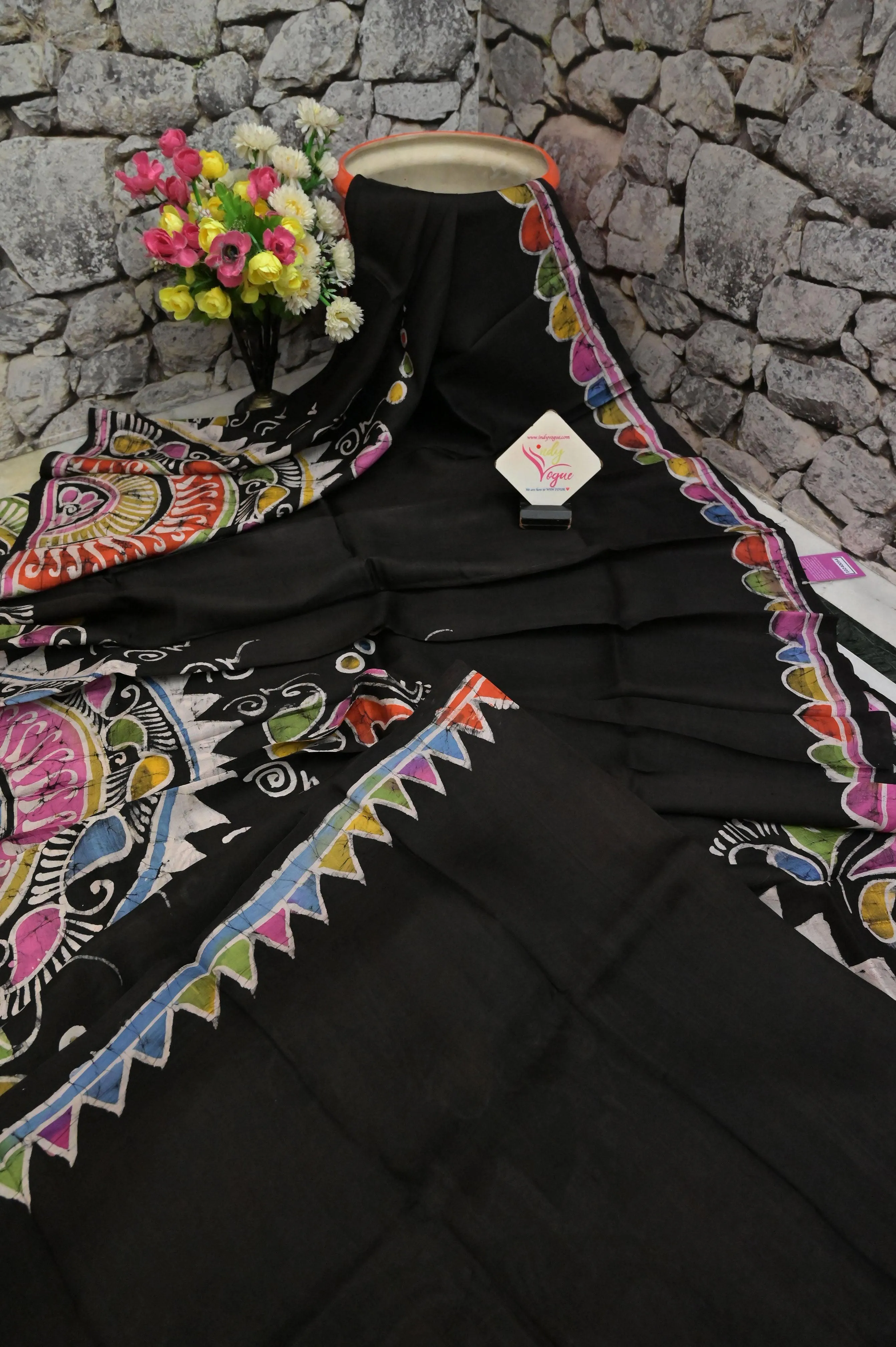 Black and Multicolor Pure Bishnupur Silk with Hand Batik Work