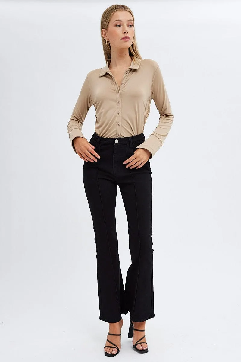 Black Flare Jeans Mid Rise Pintuck