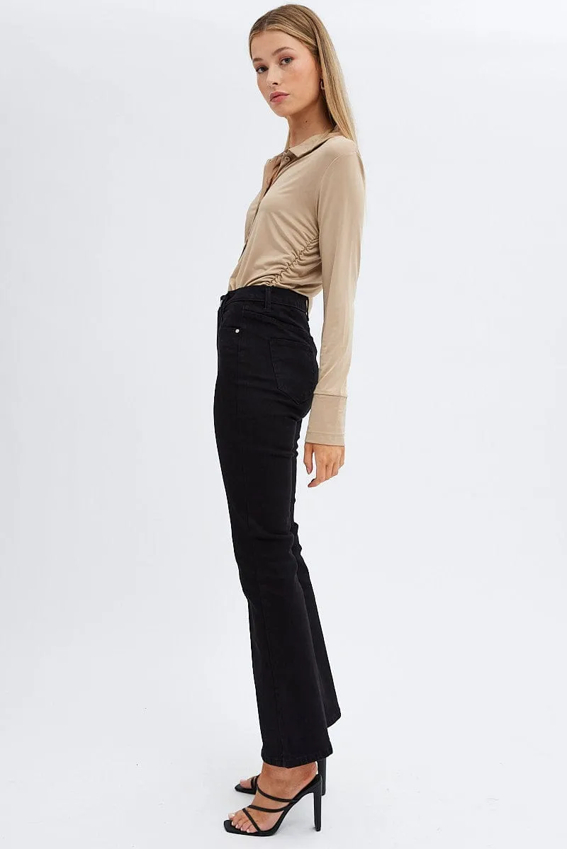 Black Flare Jeans Mid Rise Pintuck