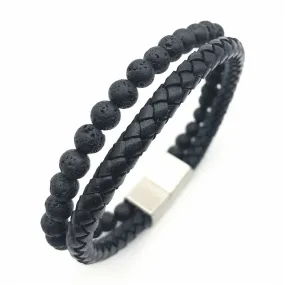 Black Genuine Leather, Matte Silver Clasp, Nature Black Lava Rock Stone