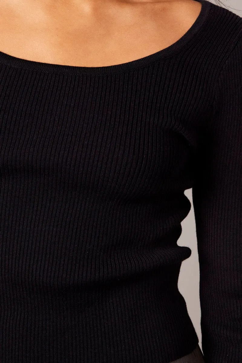 Black Knit Top Long Sleeve Scoop Neck