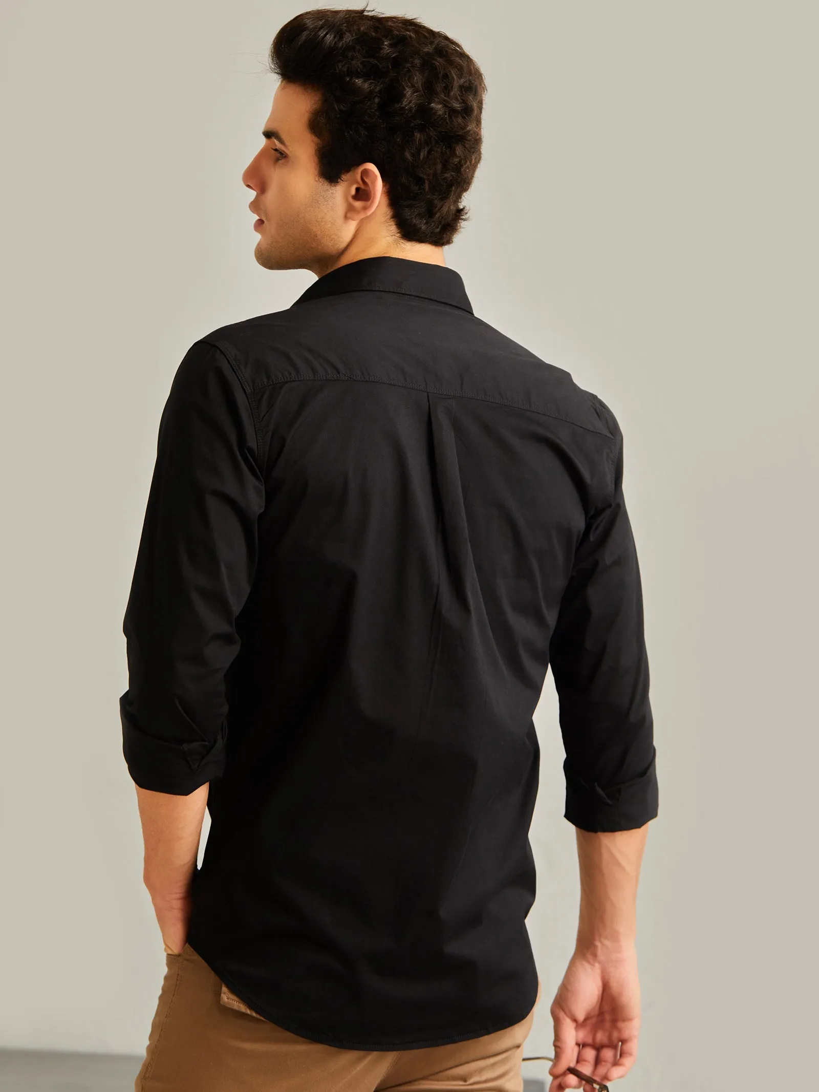 Black Solid Stretch Twill Shirt