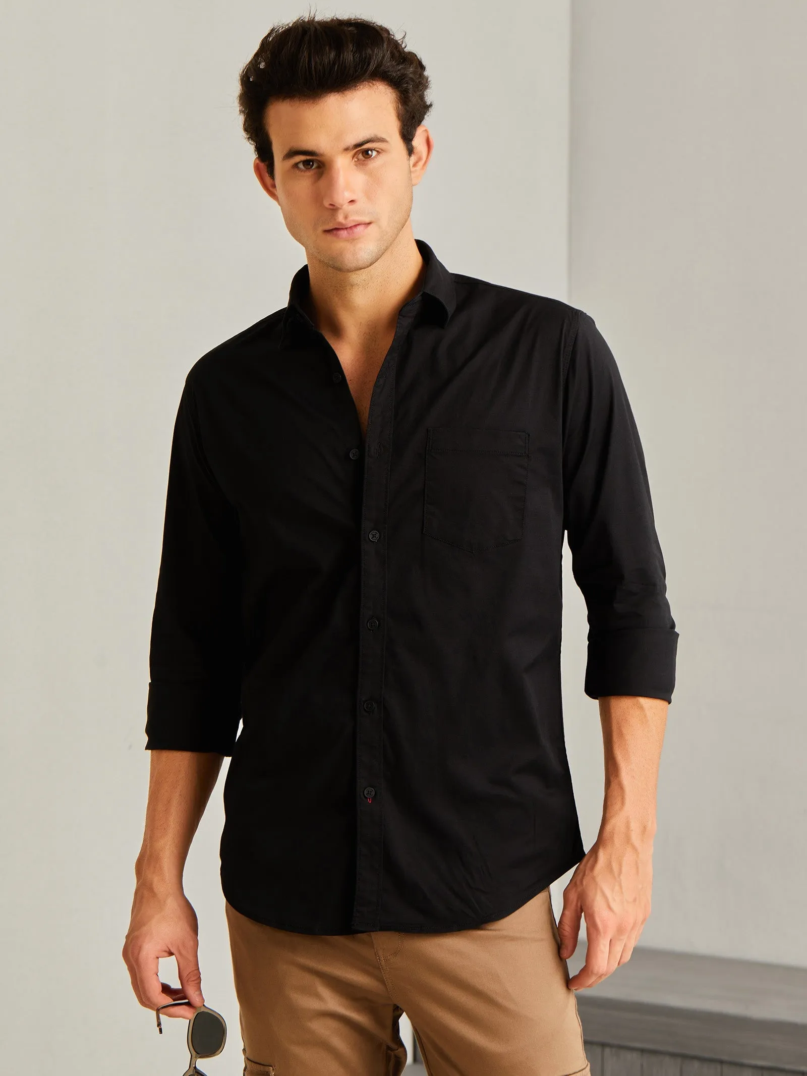 Black Solid Stretch Twill Shirt