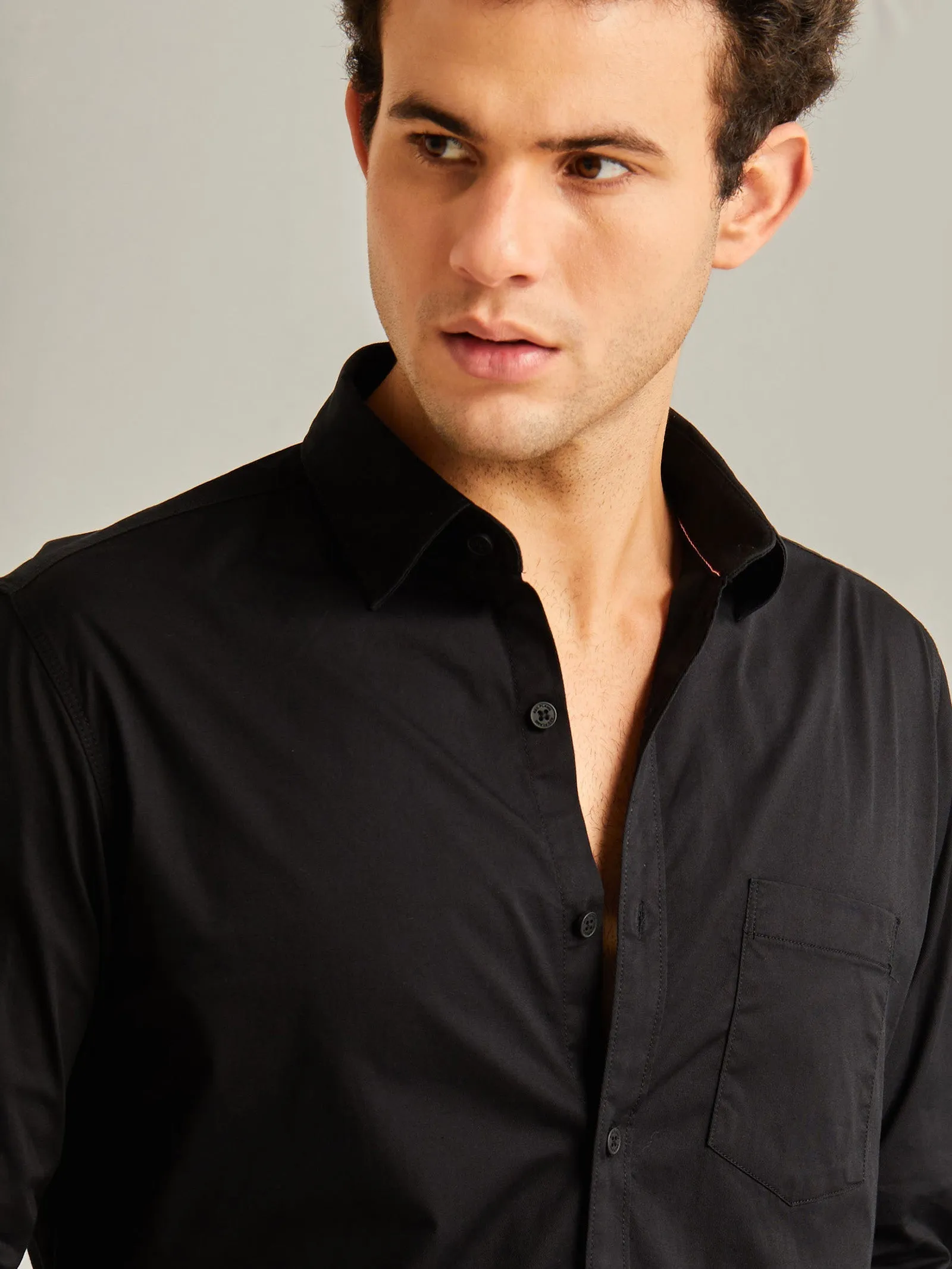 Black Solid Stretch Twill Shirt