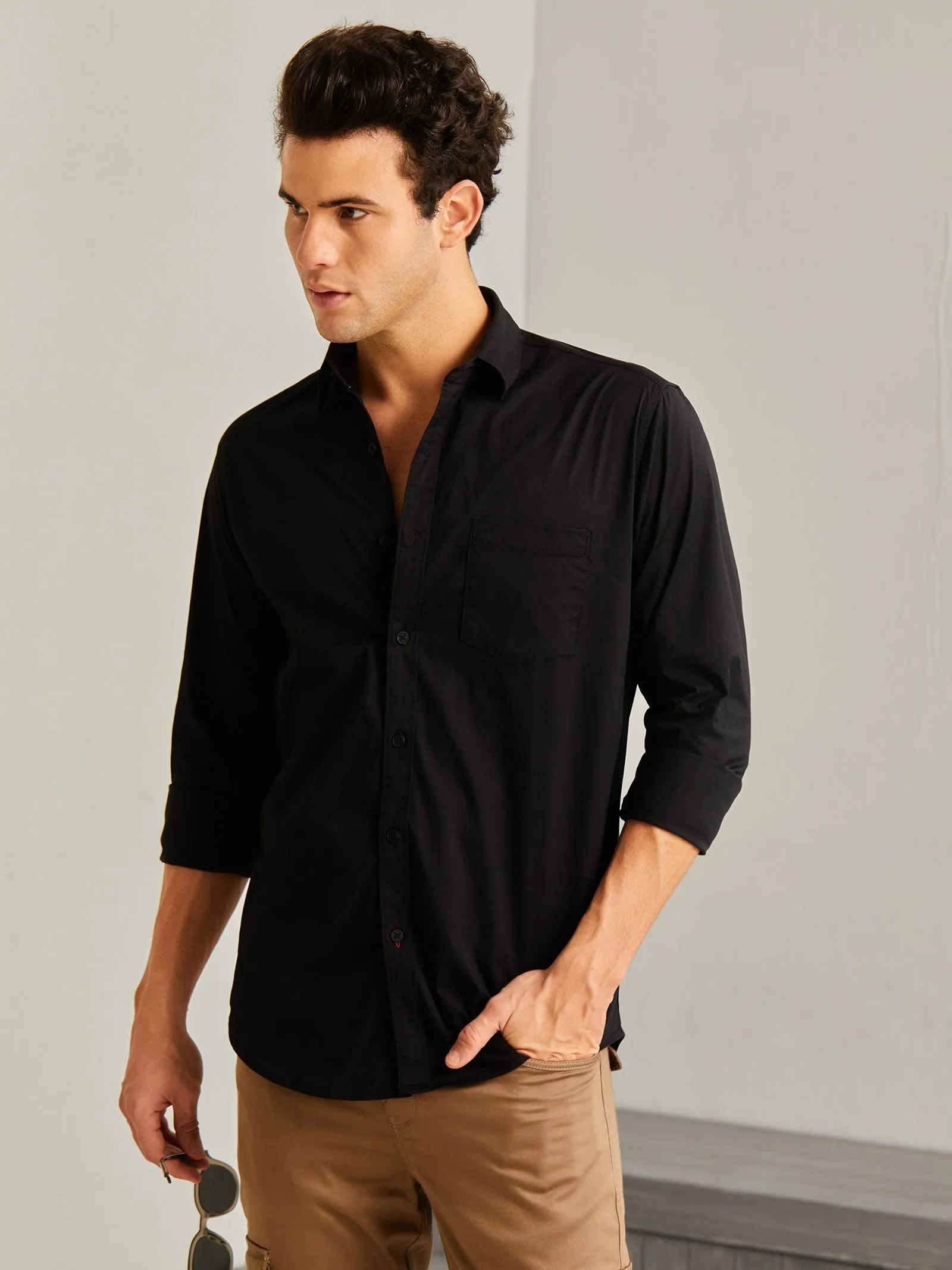 Black Solid Stretch Twill Shirt