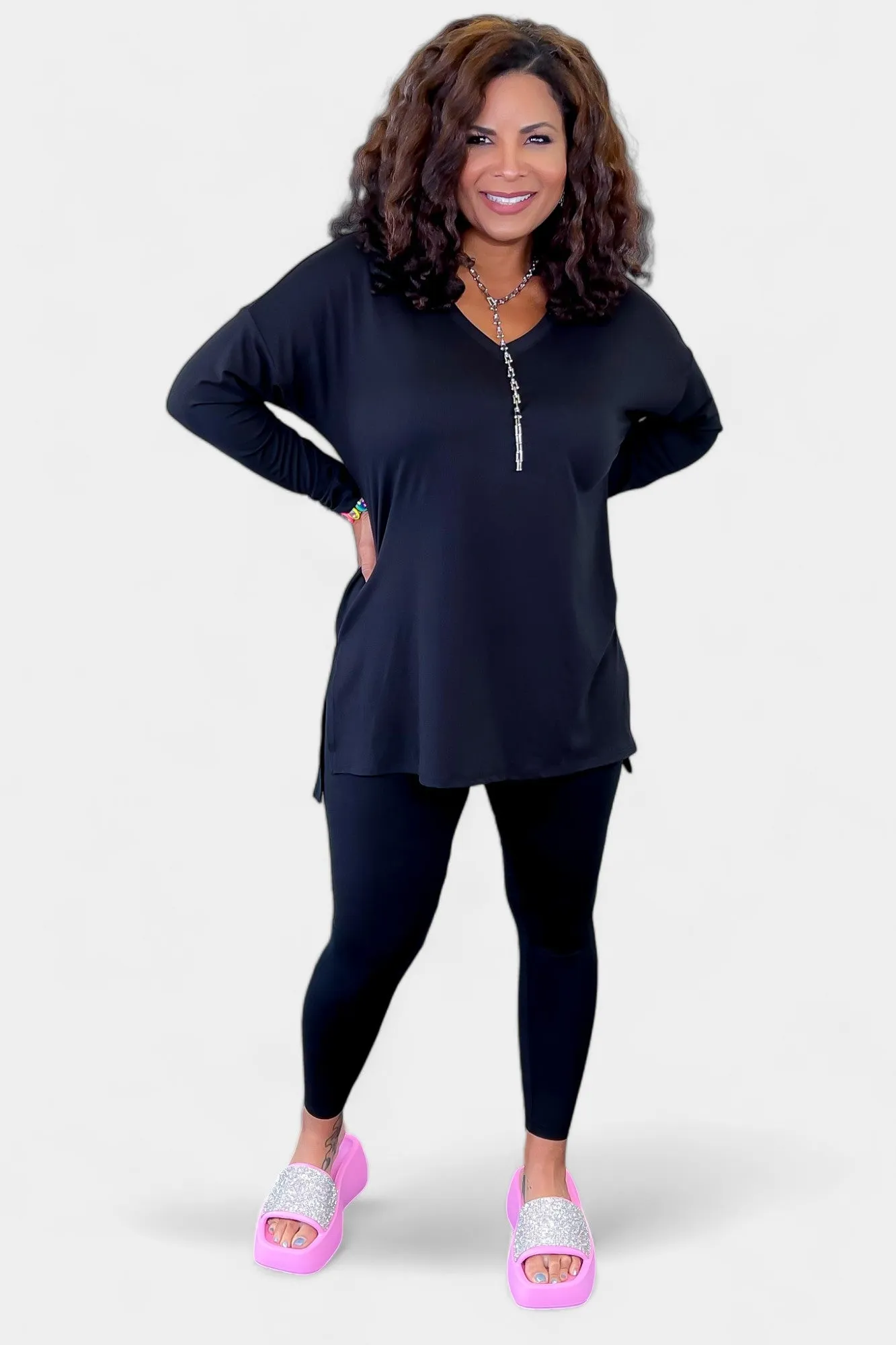 Black V Neck Buttery Loungewear Set