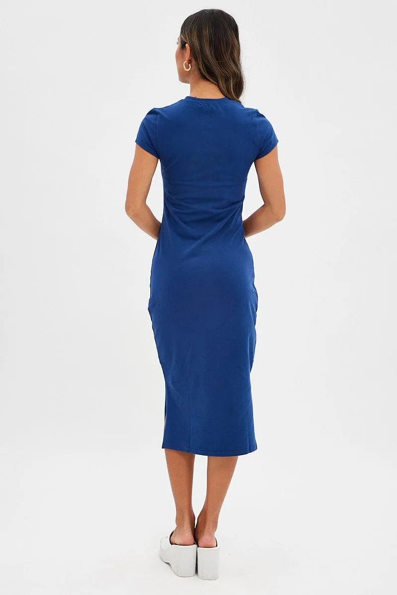 Blue Midi Dress Short Sleeve Crew Neck Bodycon Eagle