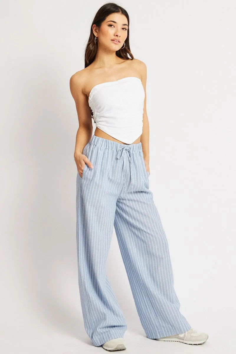 Blue Stripe Wide Leg Pants Mid Rise