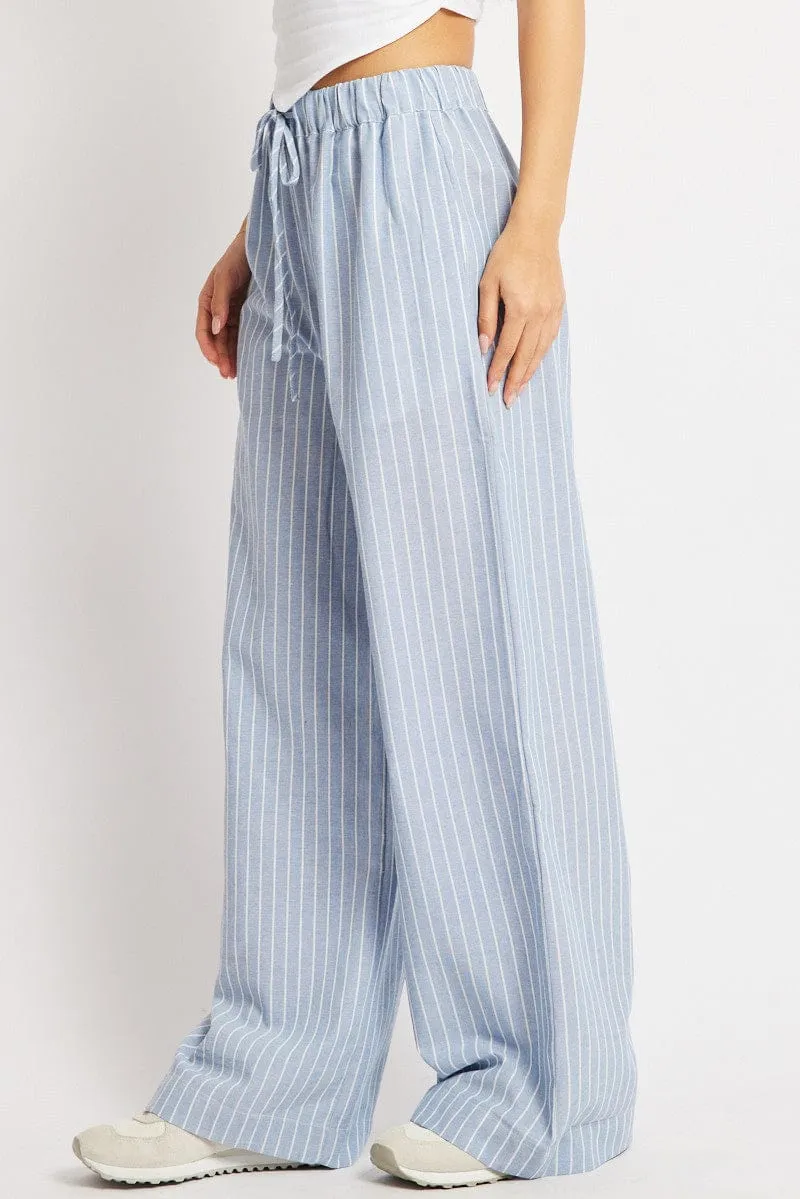 Blue Stripe Wide Leg Pants Mid Rise