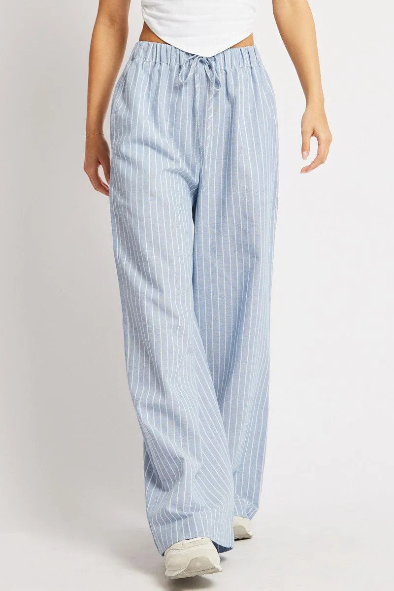 Blue Stripe Wide Leg Pants Mid Rise