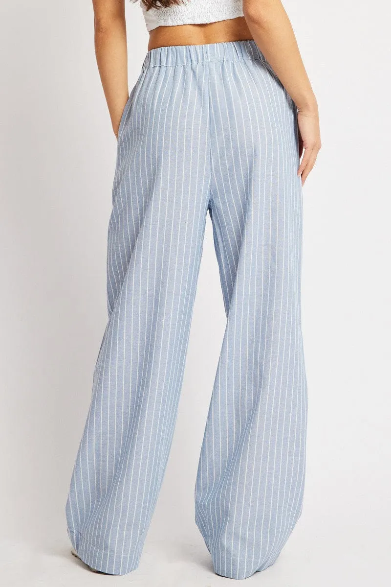 Blue Stripe Wide Leg Pants Mid Rise