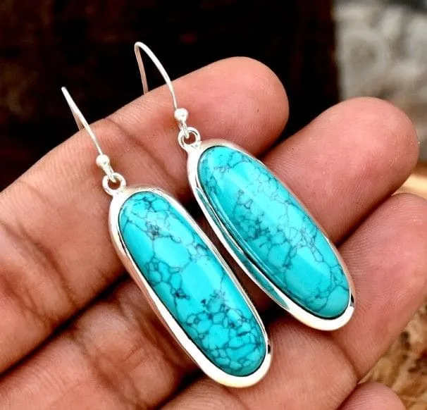 Blue TURQUOISE Big Oval Shaped 925 Sterling Silver Drop Dangle Earrings