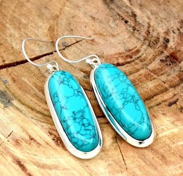 Blue TURQUOISE Big Oval Shaped 925 Sterling Silver Drop Dangle Earrings