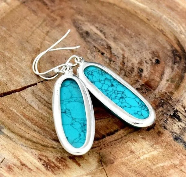 Blue TURQUOISE Big Oval Shaped 925 Sterling Silver Drop Dangle Earrings