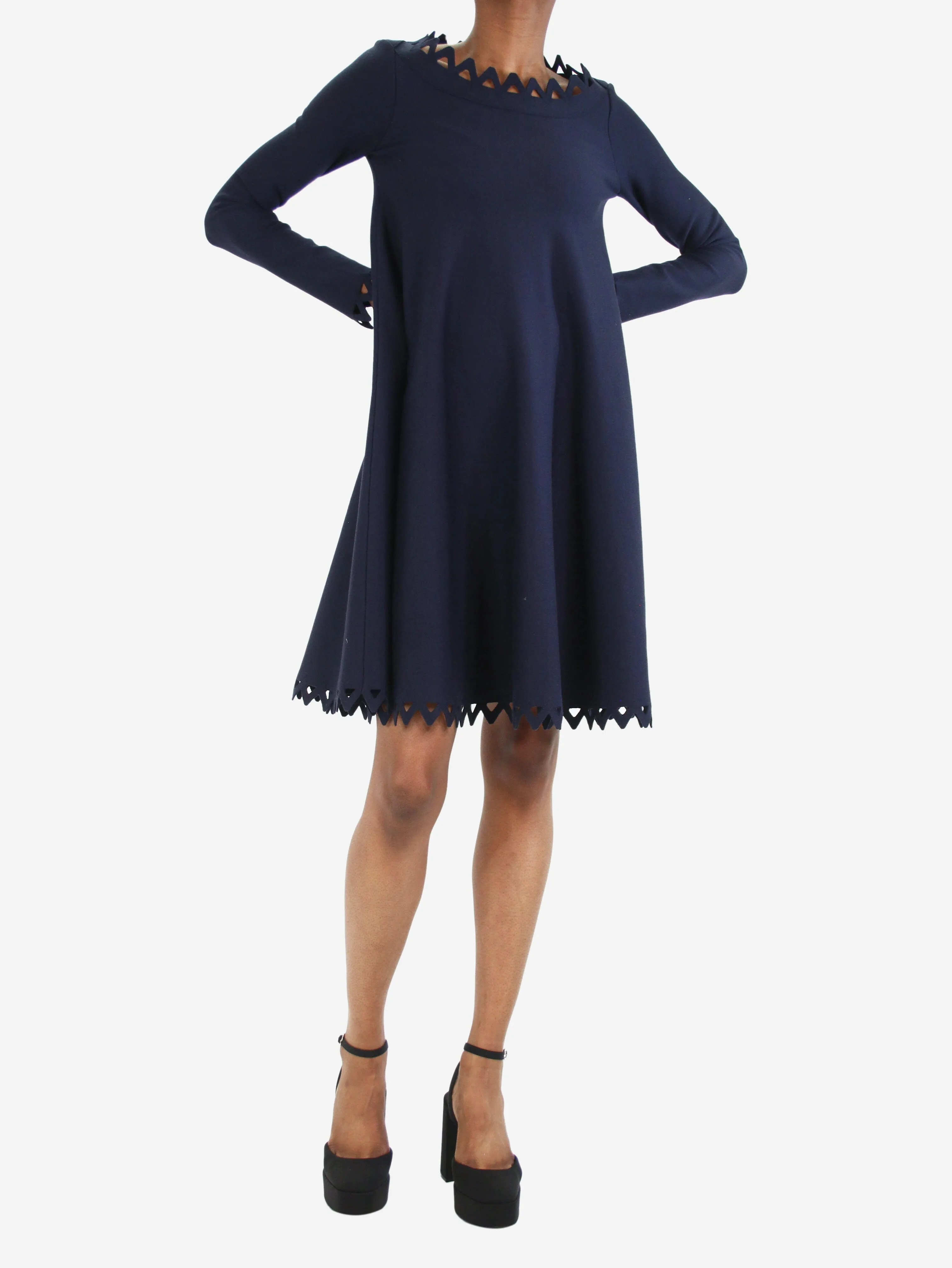 Blue wool-blend cutout trim midi dress - size UK 8