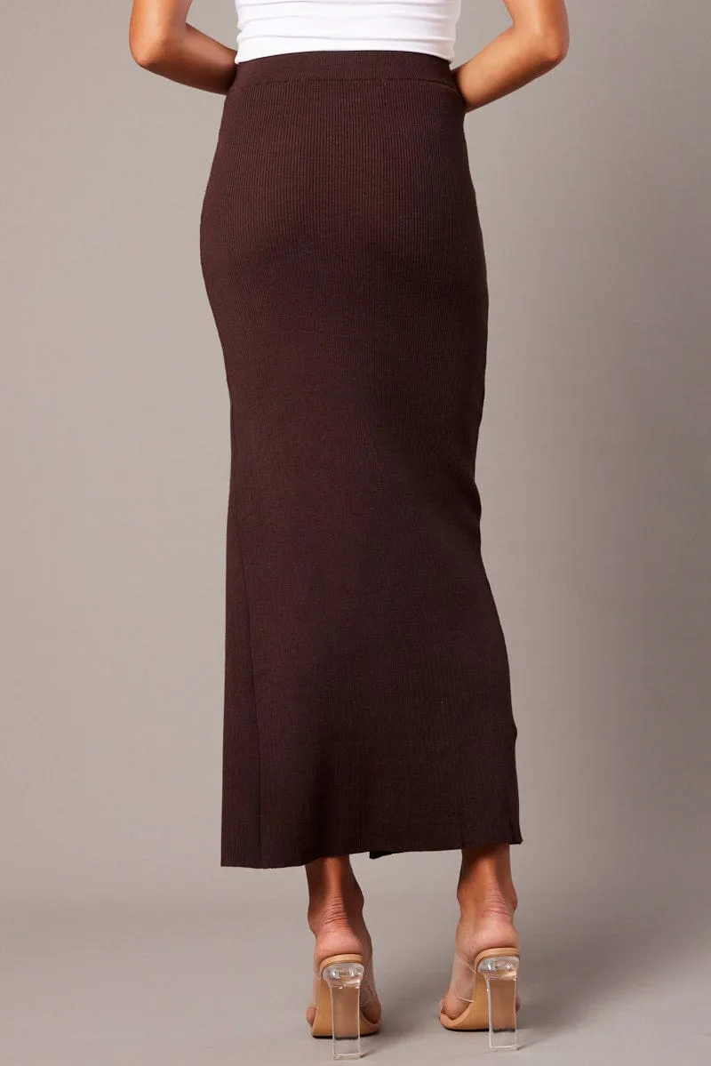 Brown Knit Skirt Front Split High Rise