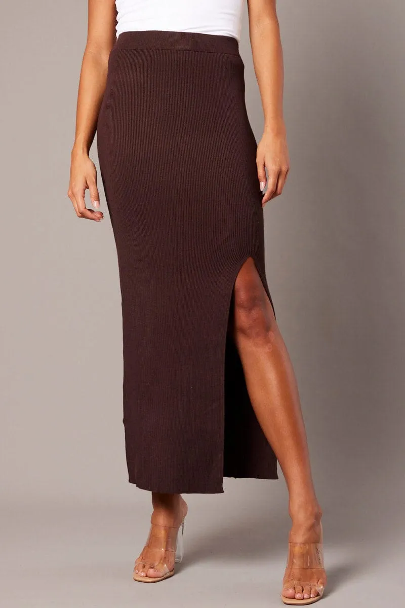 Brown Knit Skirt Front Split High Rise