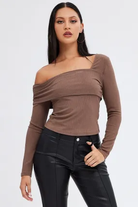 Brown Top One Shoulder Long Sleeve Rib