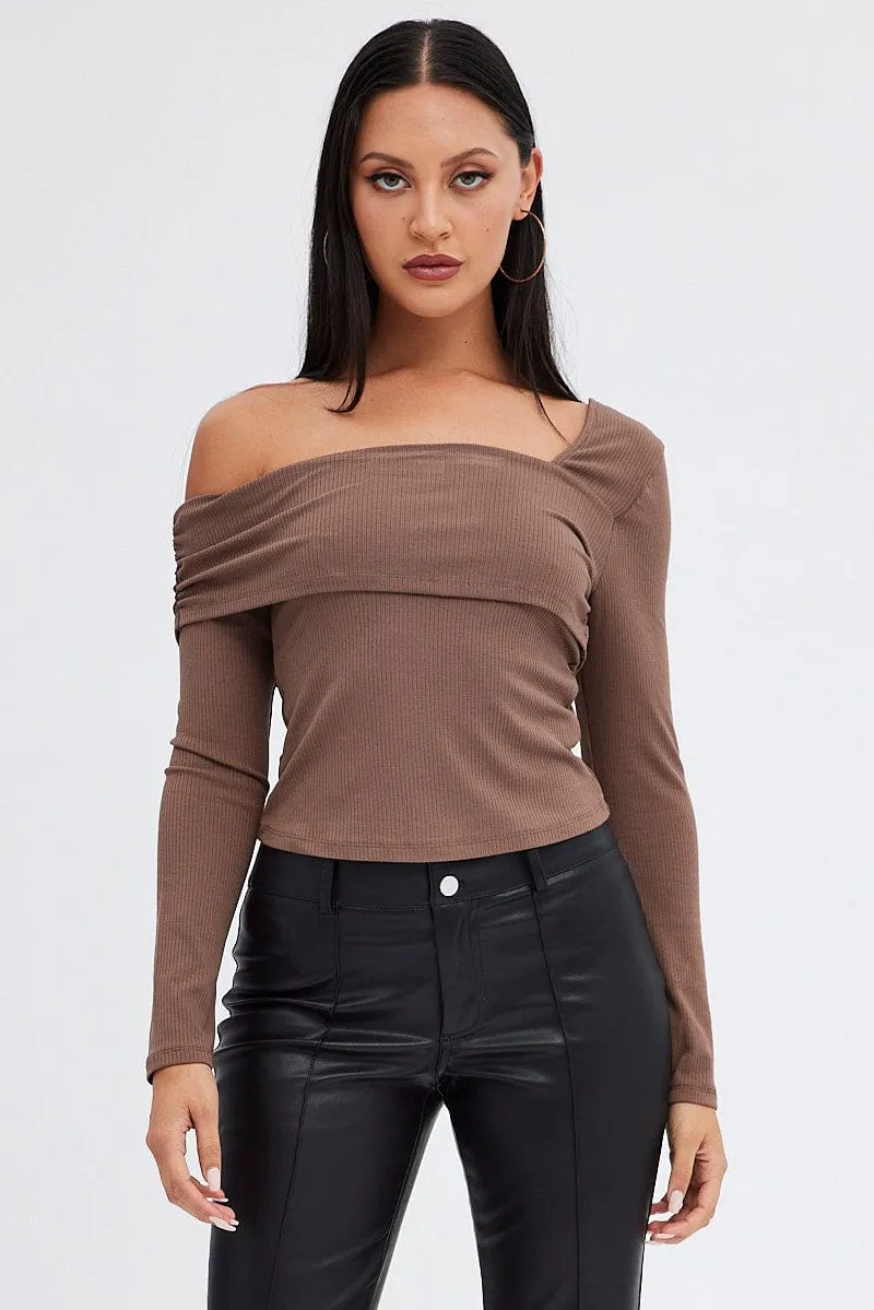 Brown Top One Shoulder Long Sleeve Rib