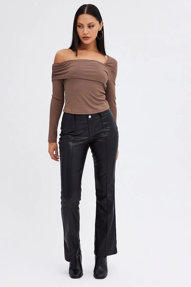 Brown Top One Shoulder Long Sleeve Rib