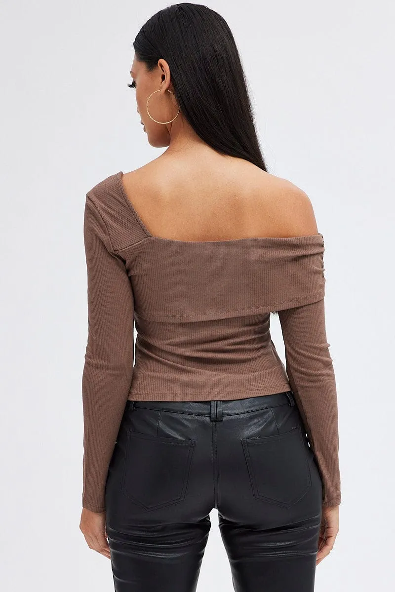 Brown Top One Shoulder Long Sleeve Rib