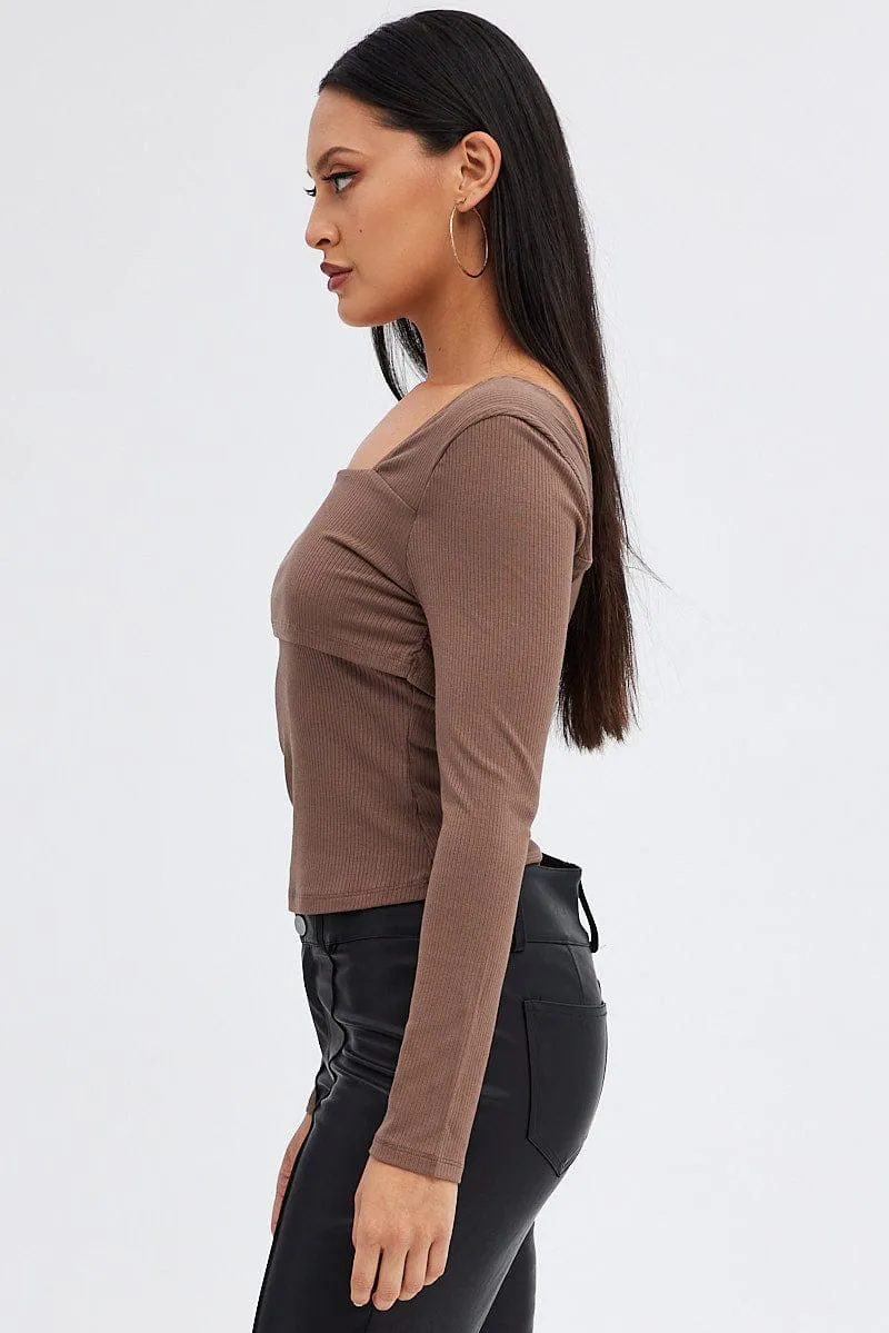 Brown Top One Shoulder Long Sleeve Rib