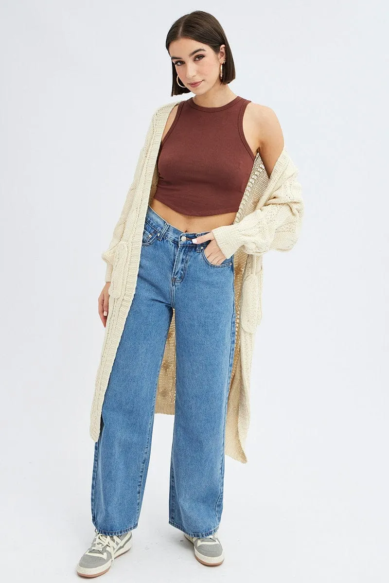 Camel Longline Cardigan Cable Knit