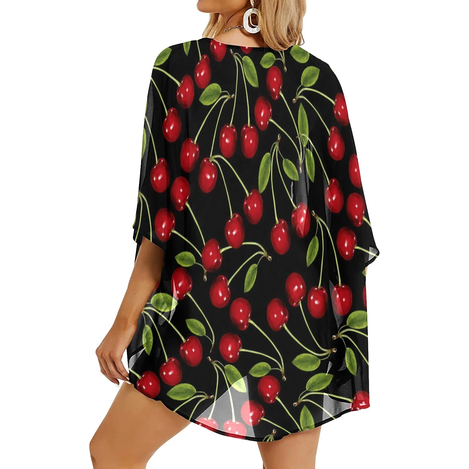 CHERRY BOMB PRINT 3 Women's Kimono Chiffon Cover Up (Model H51)