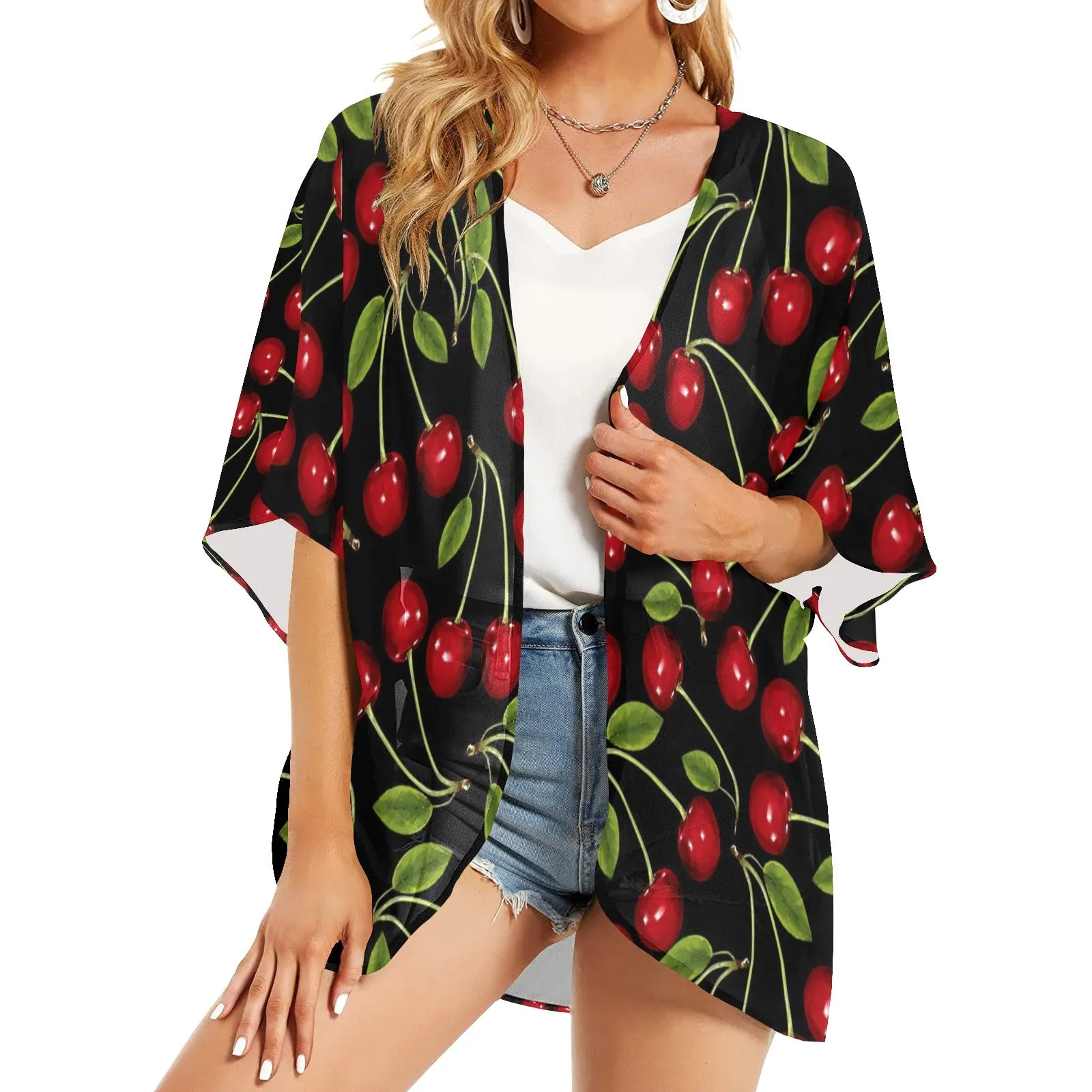 CHERRY BOMB PRINT 3 Women's Kimono Chiffon Cover Up (Model H51)