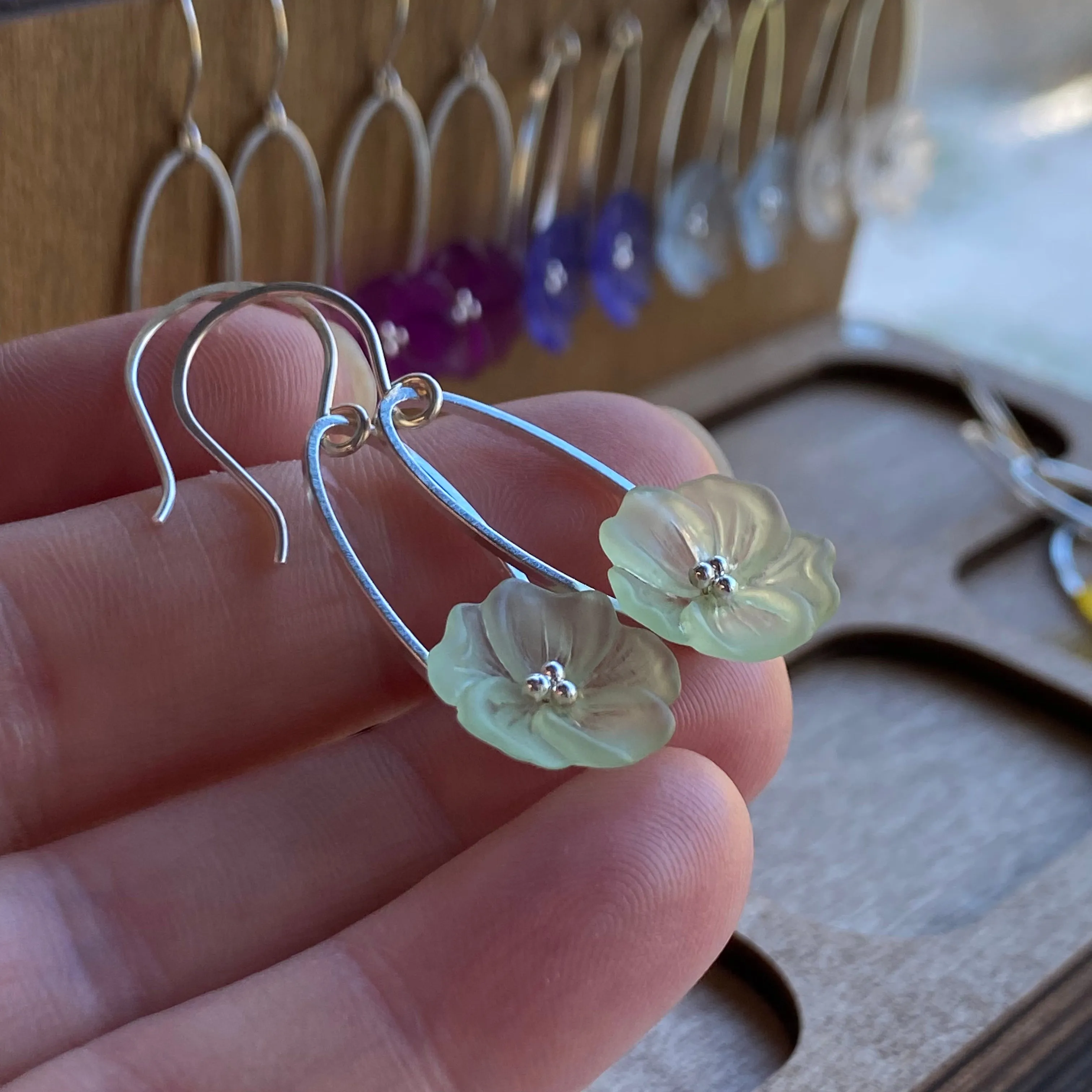 Clearance Mint green flower earrings on silver ovals, sterling ear hooks